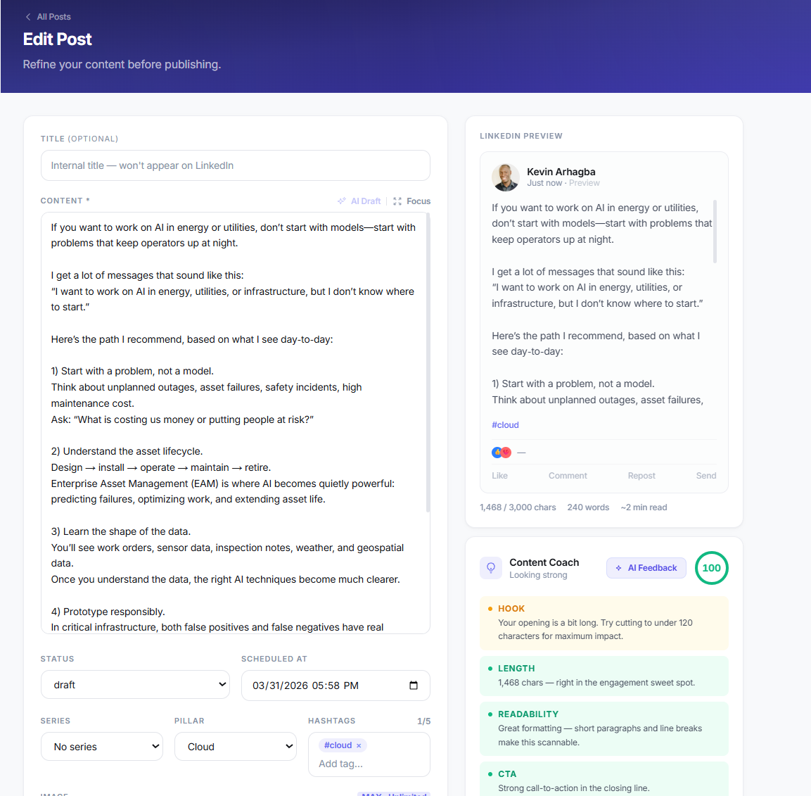 myBrandIn post editor with Content Coach scoring 100/100